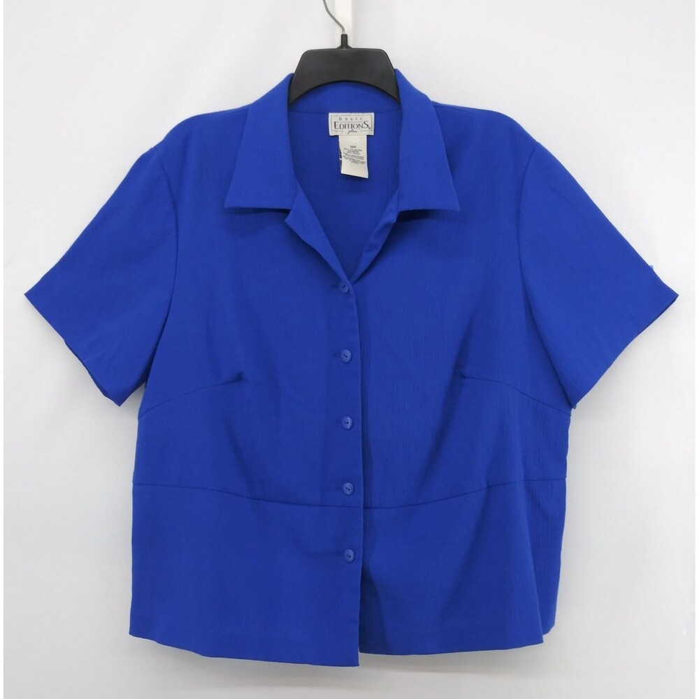 Basic Editions Blouse Women Size 18W Blue Collared Short Sleeve Button Up Top